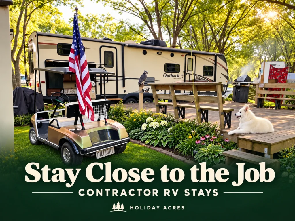 RV under shade trees at Holiday Acres with the title Stay Close to the Job.