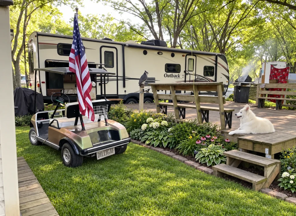 RV beside a wooden deck, flower garden and golf cart under shade trees