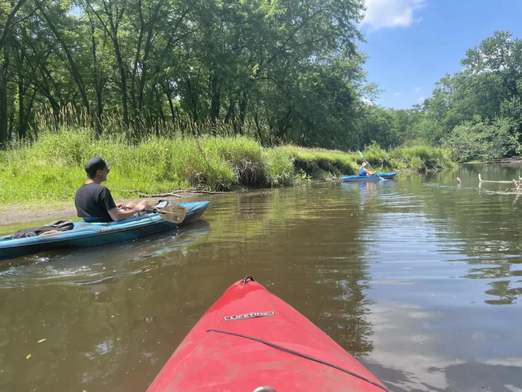 View from a kayak along the tree-lined Kishwaukee River