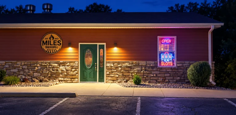Miles Bar and Grill entrance illuminated in the evening