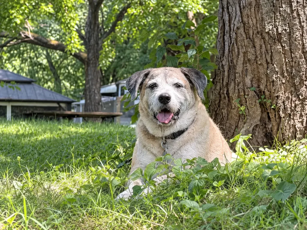 Gray dog resting in the grass beside a shade tree at Holiday Acres campground