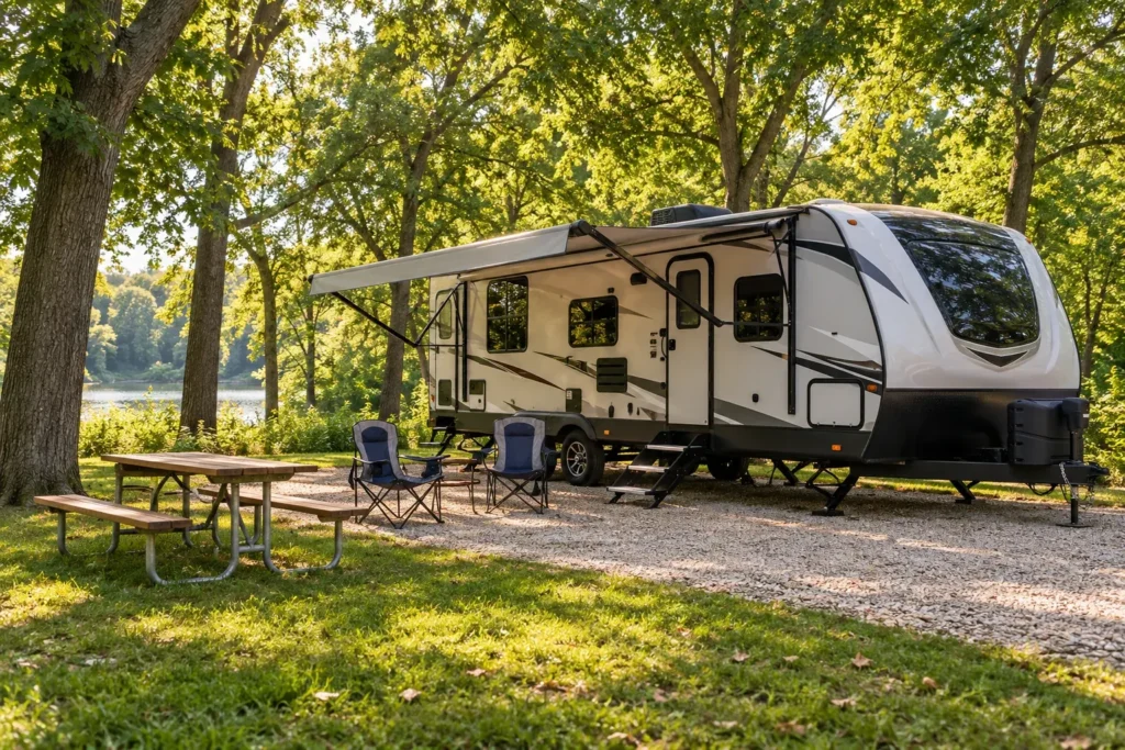 Overnight RV Camping Illustration with travel trailer, picnic table and chairs beneath shade trees