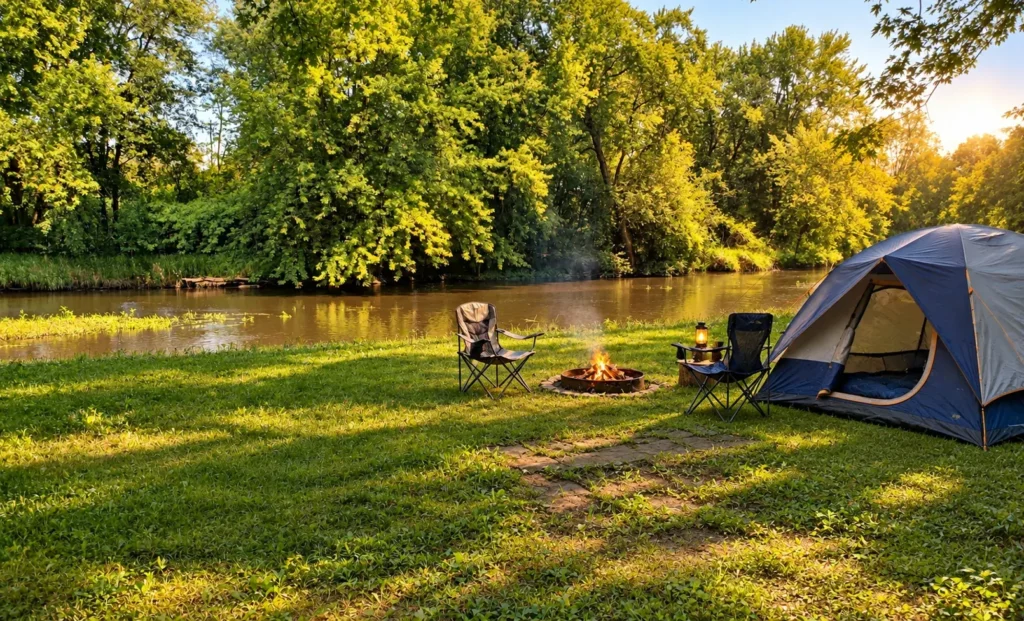 Enhanced riverside tent camping scene with a sleeping tent, chairs and campfire
