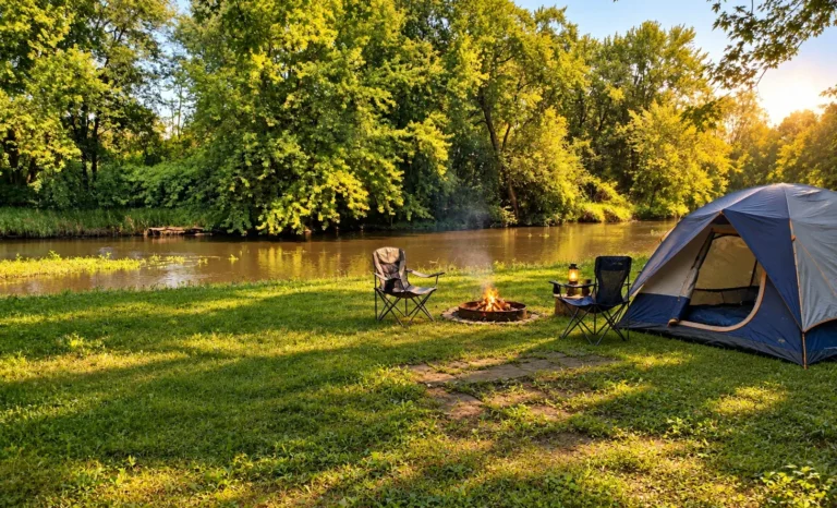 Enhanced riverside tent camping scene with a sleeping tent, chairs and campfire