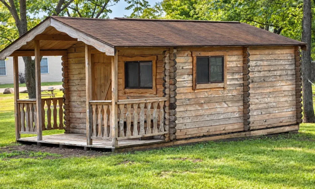 Rustic wooden rental cabin with a covered porch at Holiday Acres