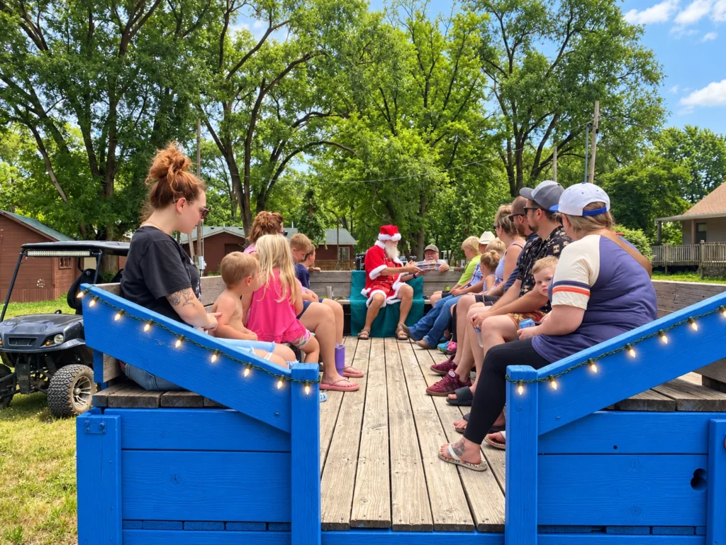 Families riding in a blue wagon with Santa and holiday string lights at Holiday Acres campground