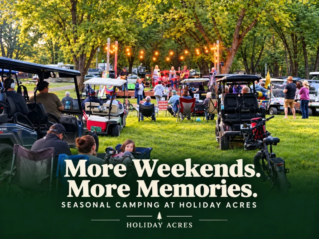 More Weekends. More Memories. Seasonal camping at Holiday Acres, with campers enjoying an outdoor concert.