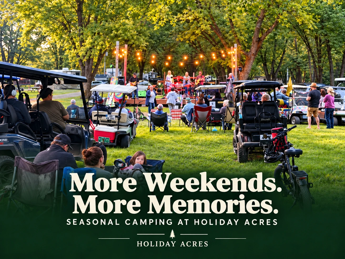 More Weekends. More Memories. Seasonal camping at Holiday Acres, with campers enjoying an outdoor concert.