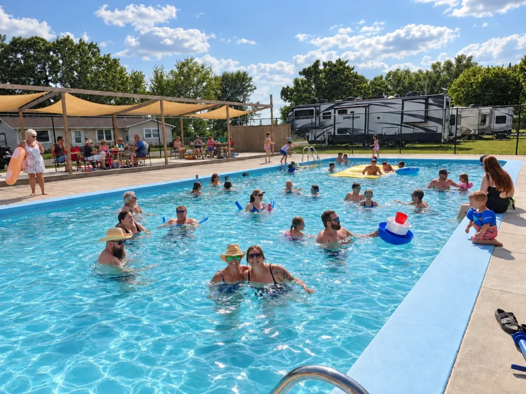 Campers enjoying the swimming pool beside shaded seating and parked RVs at Holiday Acres