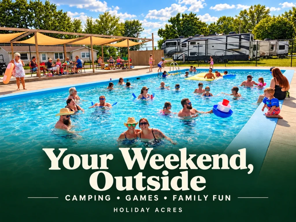 Holiday Acres campground pool with Your Weekend Outside blog title
