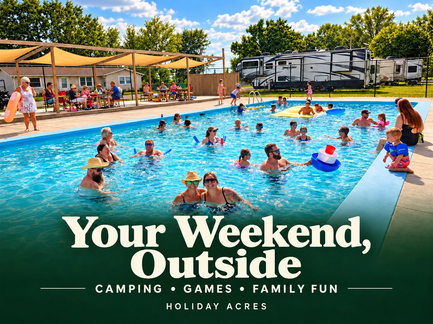 Holiday Acres campground pool with Your Weekend Outside blog title